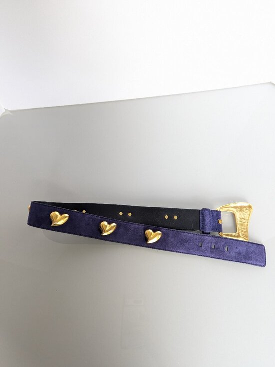 Escada Vintage Purple Suede Leather Belt Gold Tone Heart Studs 80s